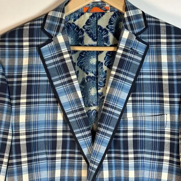 Tallia Orange Tag Sport Coat Men 42R Navy BlueBlazer Jacket Plaid EUC Preppy
